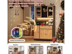 Aparador alto de cocina - 105 x 40 x 180 cm - con cajón + 5 puertas + estantes + LED + enchufes - MDF - natural