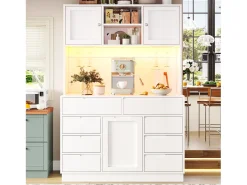 Aparador alto de cocina - 120 x 40 x 183,5 cm - con LED + USB + puertas magnéticas + 8 cajones - MDF - blanco
