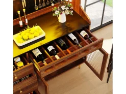 Aparador alto de cocina - 145 x 39 x 171 cm - con LEDs + botellero + puertas de cristal + 3 cajones - cristal + MDF - natural