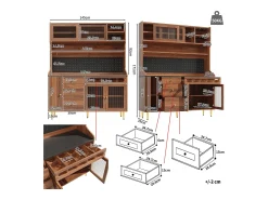 Aparador alto de cocina - 145 x 39 x 171 cm - con LEDs + botellero + puertas de cristal + 3 cajones - cristal + MDF - natural