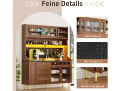 Aparador alto de cocina - 145 x 39 x 171 cm - con LEDs + botellero + puertas de cristal + 3 cajones - cristal + MDF - natural