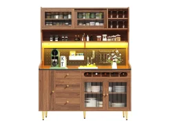 Aparador alto de cocina - 145 x 39 x 171 cm - con LEDs + botellero + puertas de cristal + 3 cajones - cristal + MDF - natural