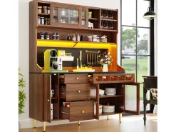 Aparador alto de cocina - 145 x 39 x 171 cm - con LEDs + botellero + puertas de cristal + 3 cajones - cristal + MDF - natural