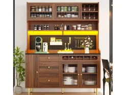 Aparador alto de cocina - 145 x 39 x 171 cm - con LEDs + botellero + puertas de cristal + 3 cajones - cristal + MDF - natural