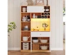 Aparador alto de cocina con iluminación LED - 115 x 35 x 180 cm - con 1 cajón + 3 puertas + estantes - tablero de partículas - blanco + natural