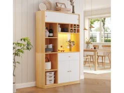 Aparador alto de cocina con iluminación LED - 115 x 35 x 180 cm - con 1 cajón + 3 puertas + estantes - tablero de partículas - blanco + natural