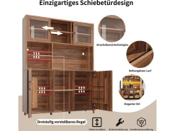 Aparador alto de cocina para salón - 120 x 40 x 185cm - con 4 puertas + LED - estilo retro - MDF + cristal - natural