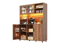 Aparador alto de cocina para salón - 120 x 40 x 185cm - con 4 puertas + LED - estilo retro - MDF + cristal - natural