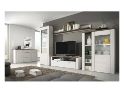 Aparador alto de diseño con 1 puerta para salón en color blanco con efecto de madera y roble. Colección SANTIAGO.