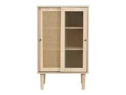 Aparador alto de madera - 2 puertas correderas de ratán y cristal - estilo contemporáneo - roble
