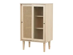 Aparador alto de madera - 2 puertas correderas de ratán y cristal - estilo contemporáneo - roble