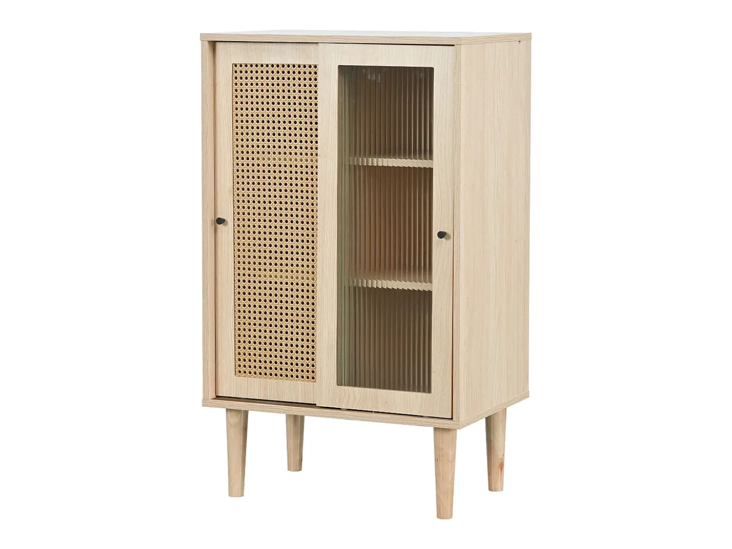 Aparador alto de madera - 2 puertas correderas de ratán y cristal - estilo contemporáneo - roble