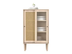 Aparador alto de madera - 2 puertas correderas de ratán y cristal - estilo contemporáneo - roble