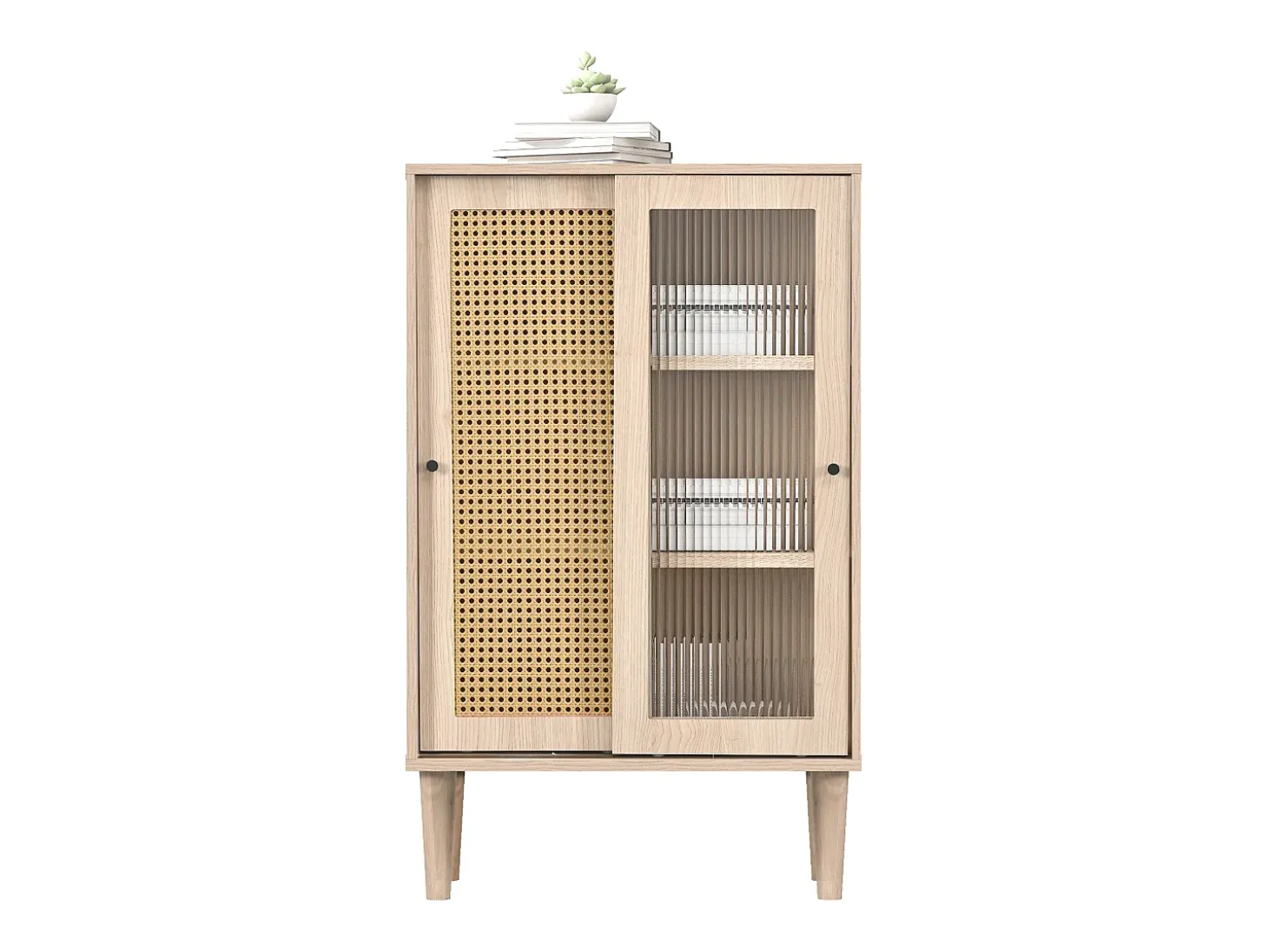 Aparador alto de madera - 2 puertas correderas de ratán y cristal - estilo contemporáneo - roble