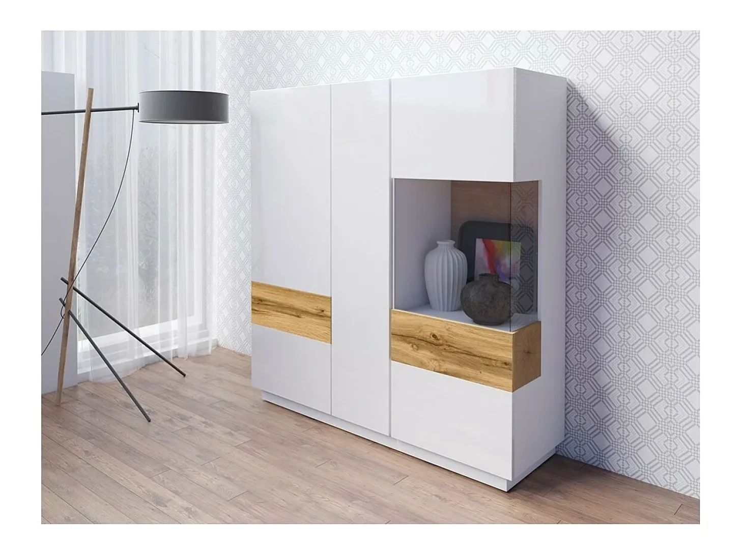 Aparador alto KILES de tres puertas. Colores blanco y roble. Estilo de diseño.
