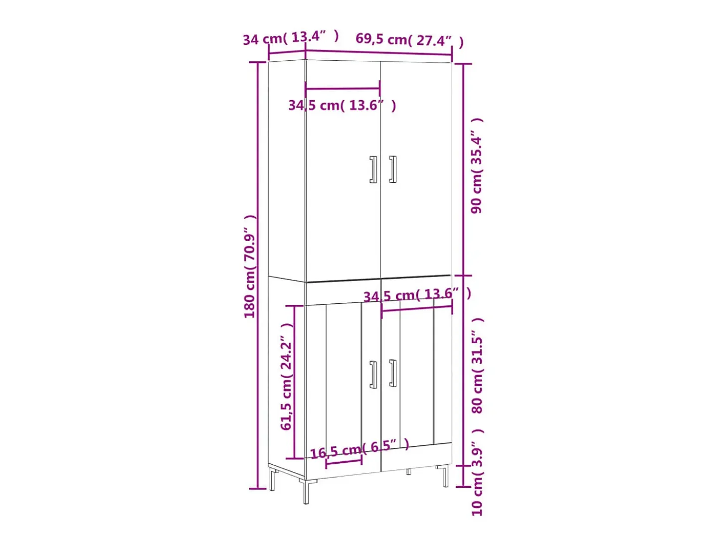 Aparador alto madera contrachapada color roble 69,5x34x180 cm
