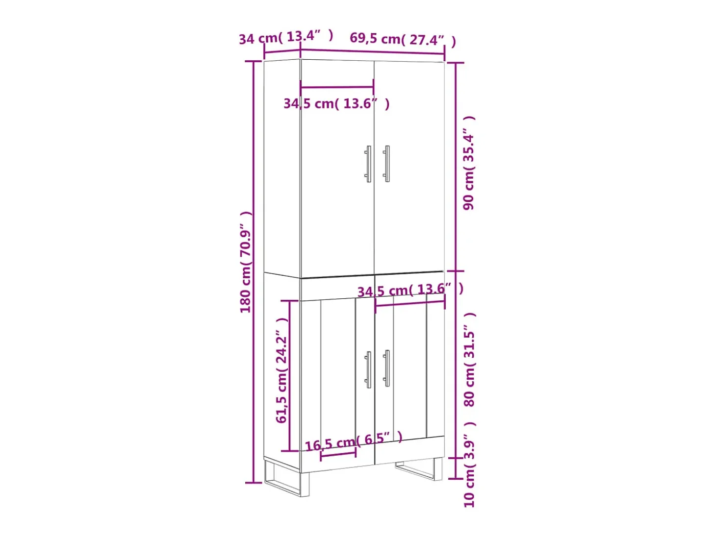 Aparador alto madera contrachapada blanco 69,5x34x180 cm