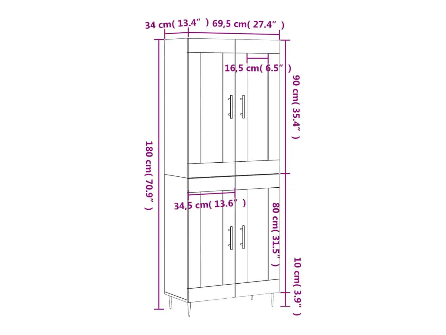 Aparador alto madera contrachapada color roble 69,5x34x180 cm