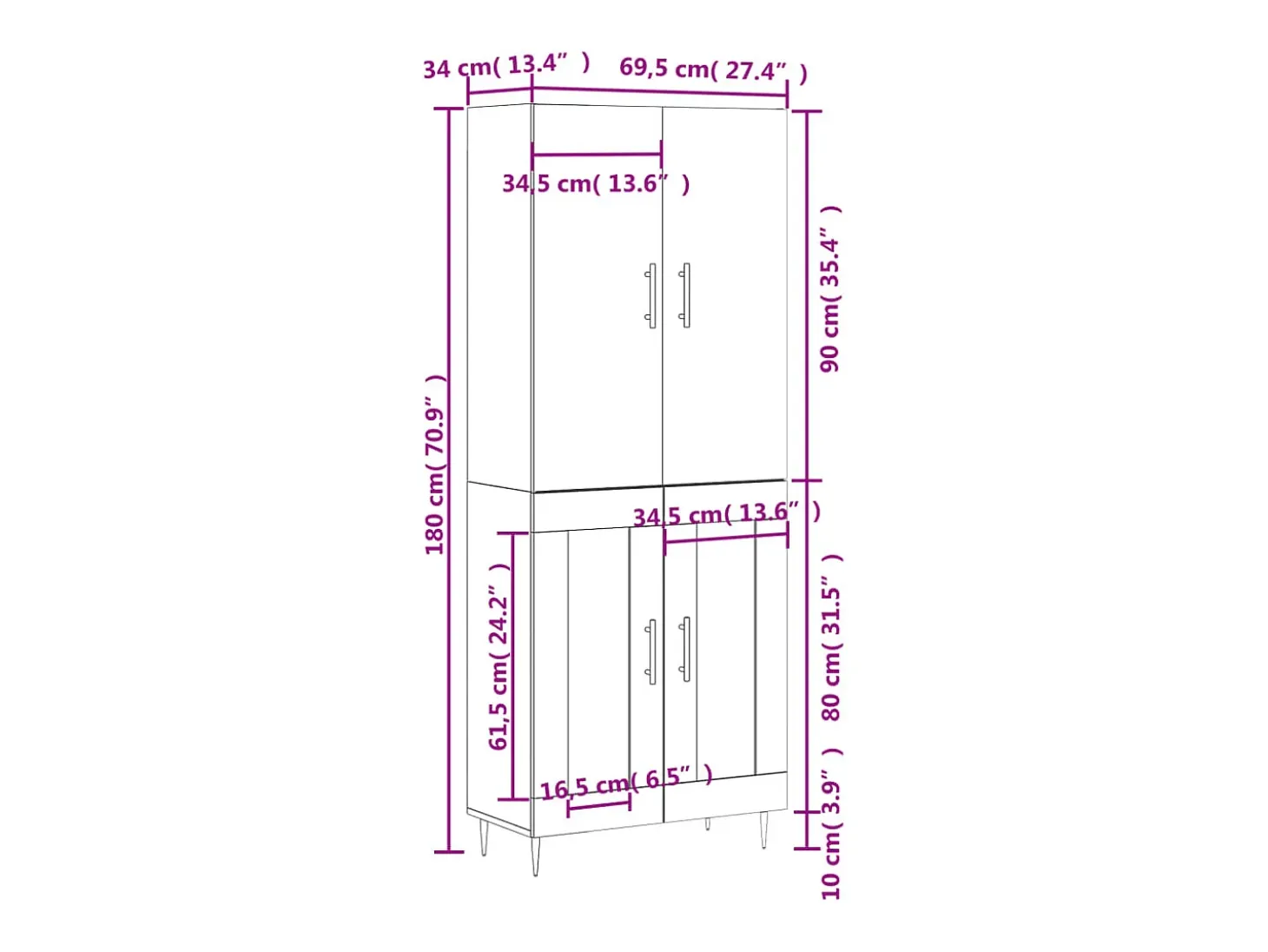 Aparador alto madera contrachapada color roble 69,5x34x180 cm