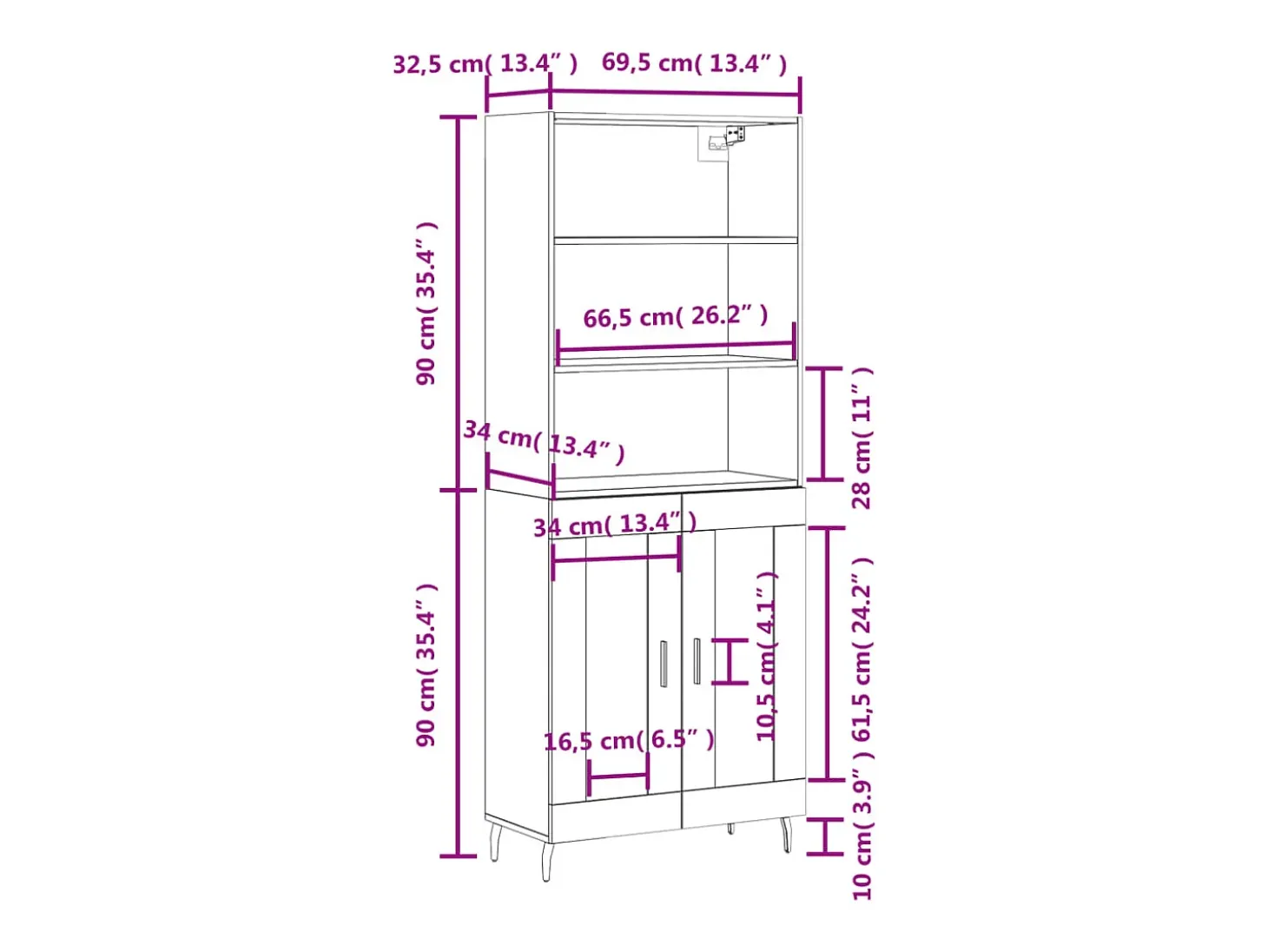 Aparador alto madera contrachapada color roble 69,5x34x180 cm