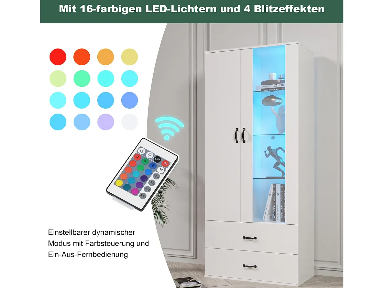 Aparador alto moderno con 2 puertas y 2 cajones - LED - vidrio y tableros de partículas - blanco