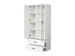 Aparador alto moderno con 2 puertas y 2 cajones - LED - vidrio y tableros de partículas - blanco