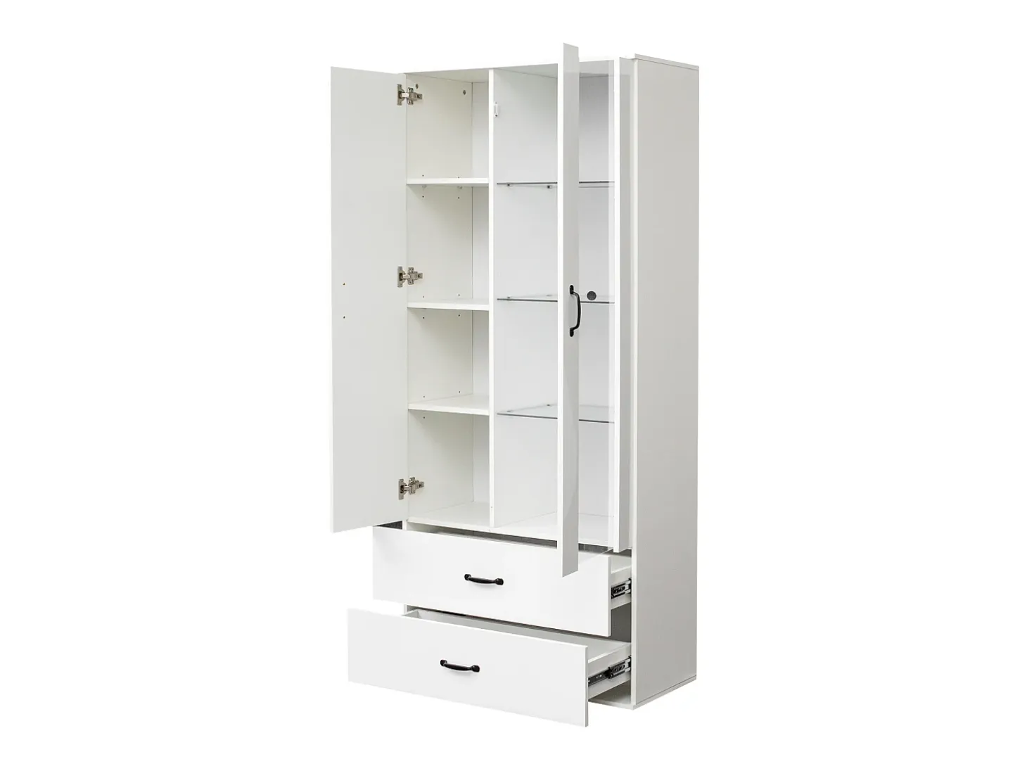 Aparador alto moderno con 2 puertas y 2 cajones - LED - vidrio y tableros de partículas - blanco