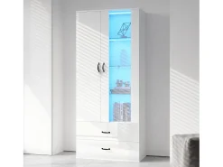 Aparador alto moderno con 2 puertas y 2 cajones - LED - vidrio y tableros de partículas - blanco