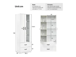 Aparador alto moderno con 2 puertas y 2 cajones - LED - vidrio y tableros de partículas - blanco