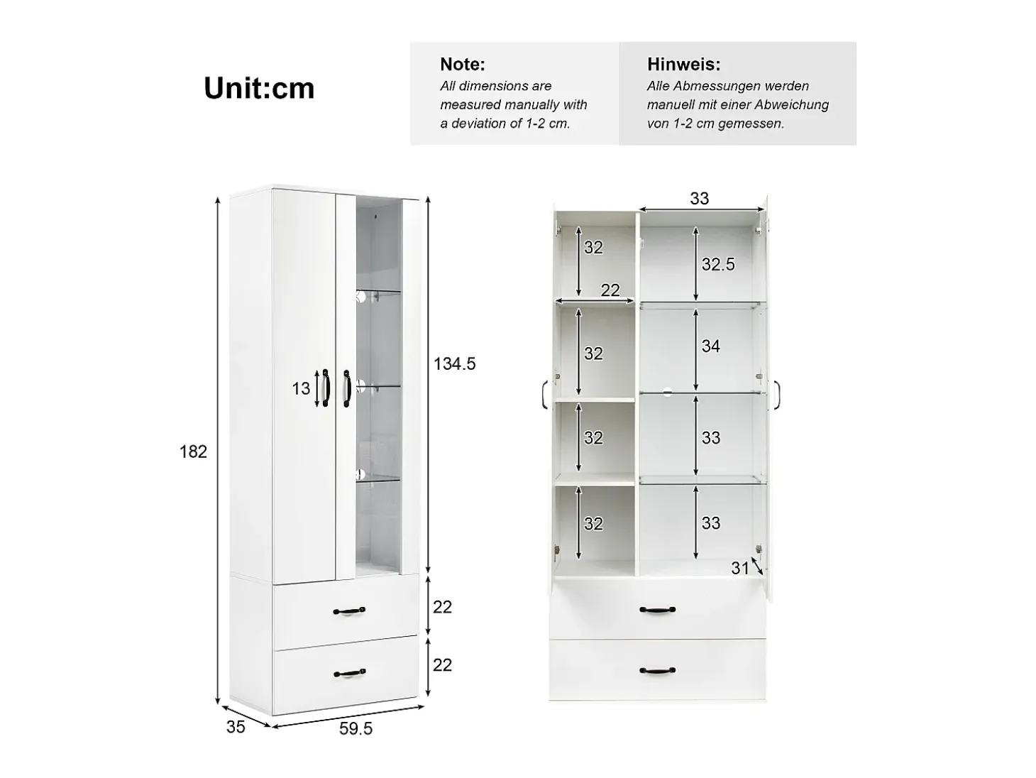 Aparador alto moderno con 2 puertas y 2 cajones - LED - vidrio y tableros de partículas - blanco
