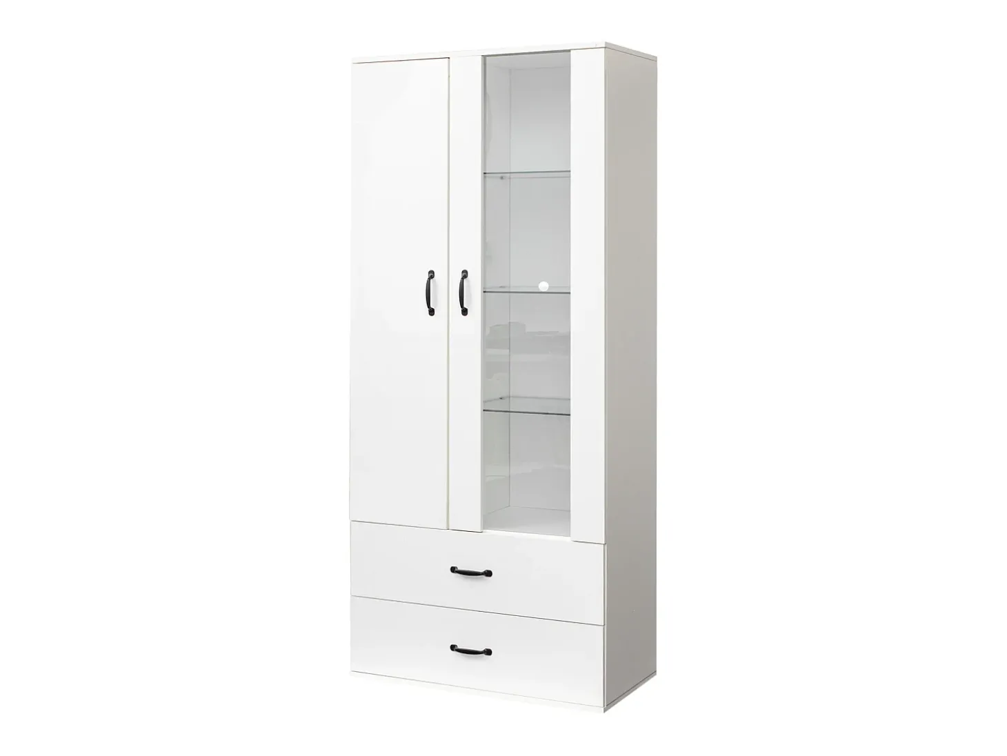 Aparador alto moderno con 2 puertas y 2 cajones - LED - vidrio y tableros de partículas - blanco