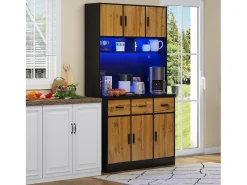 Aparador alto negro - Aparador con 6 puertas y 3 cajones - Luz LED y carga USB - para cocina y comedor