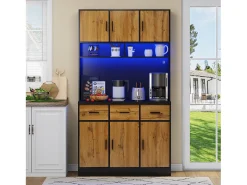 Aparador alto negro - Aparador con 6 puertas y 3 cajones - Luz LED y carga USB - para cocina y comedor