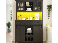 Aparador alto negro - Aparador con 3 cajones y 4 puertas - Iluminación LED y almacenaje abierto - para cocina y salón