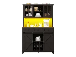 Aparador alto negro - Aparador con 3 cajones y 4 puertas - Iluminación LED y almacenaje abierto - para cocina y salón