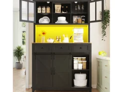 Aparador alto negro - Aparador con 3 cajones y 4 puertas - Iluminación LED y almacenaje abierto - para cocina y salón