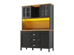 Aparador, armario alto con iluminación LED, 120x40x179 cm, 4 puertas y 3 cajones, negro