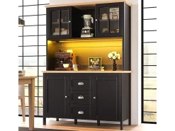 Aparador, armario alto con iluminación LED, 120x40x179 cm, 4 puertas y 3 cajones, negro