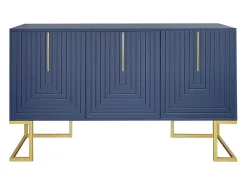 Aparador azul con 3 puertas, estantes regulables, patas doradas, 138x40x80,5cm