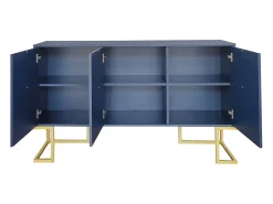 Aparador azul con 3 puertas, estantes regulables, patas doradas, 138x40x80,5cm