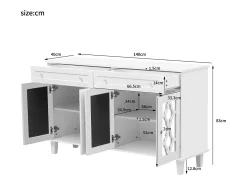Aparador bajo - 2 puertas de cristal con 2 cajones y estantes regulables - Blanco