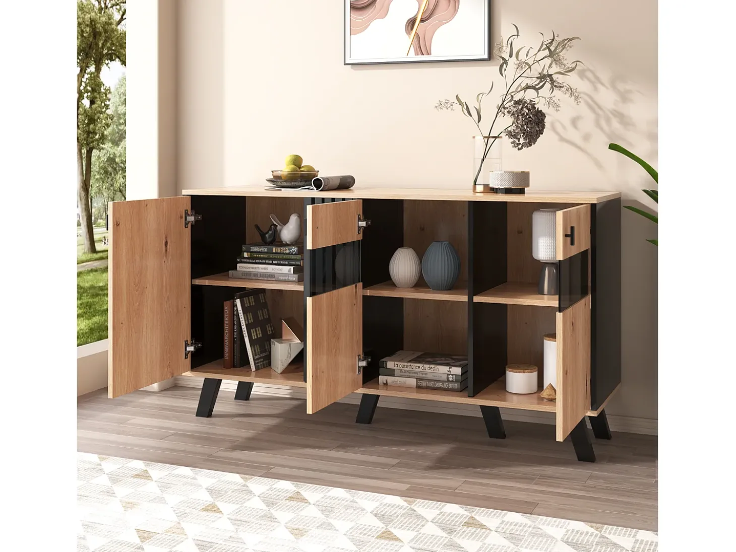 Aparador bajo - Decoración artesanal de roble y negro - 3 puertas de cristal y tableros de partículas - An 140 x Al 78 x Pr 41 cm