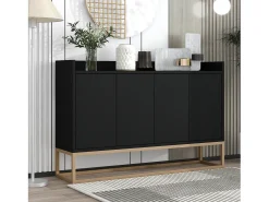 Aparador bajo 4 puertas - Patas de madera MDF y metal - Estilo moderno - Color negro - 120 x 30 x 80 cm