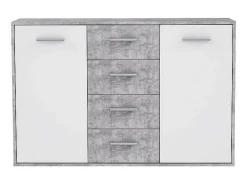 Aparador bajo 2 puertas y 4 cajones - Blanco y hormigón claro - 122,6 x 34,2 x 81,1 cm