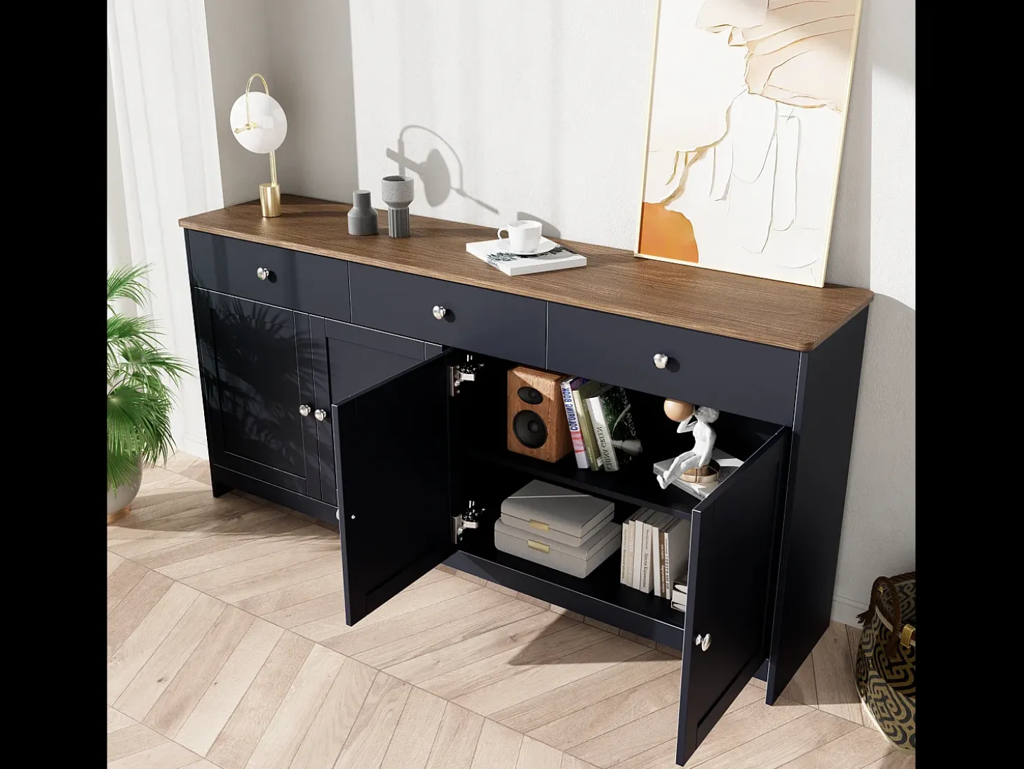 Aparador bajo con 4 puertas y 3 cajones para salón - 160 largo x 37 ancho x 75 alto cm - madera MDF - madera y gris negro