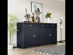 Aparador bajo con 4 puertas y 3 cajones para salón - 160 largo x 37 ancho x 75 alto cm - madera MDF - madera y gris negro