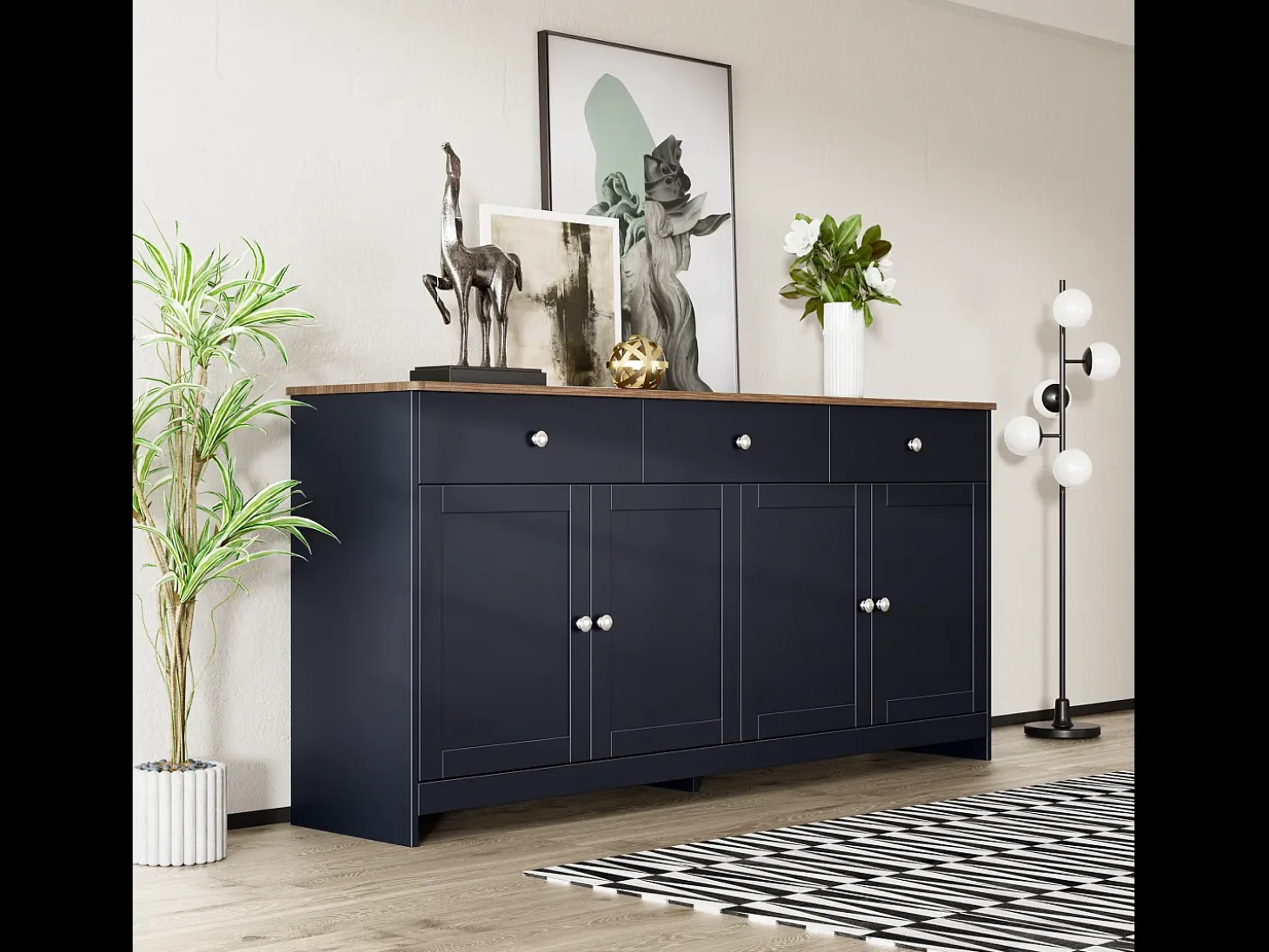 Aparador bajo con 4 puertas y 3 cajones para salón - 160 largo x 37 ancho x 75 alto cm - madera MDF - madera y gris negro