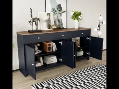 Aparador bajo con 4 puertas y 3 cajones para salón - 160 largo x 37 ancho x 75 alto cm - madera MDF - madera y gris negro