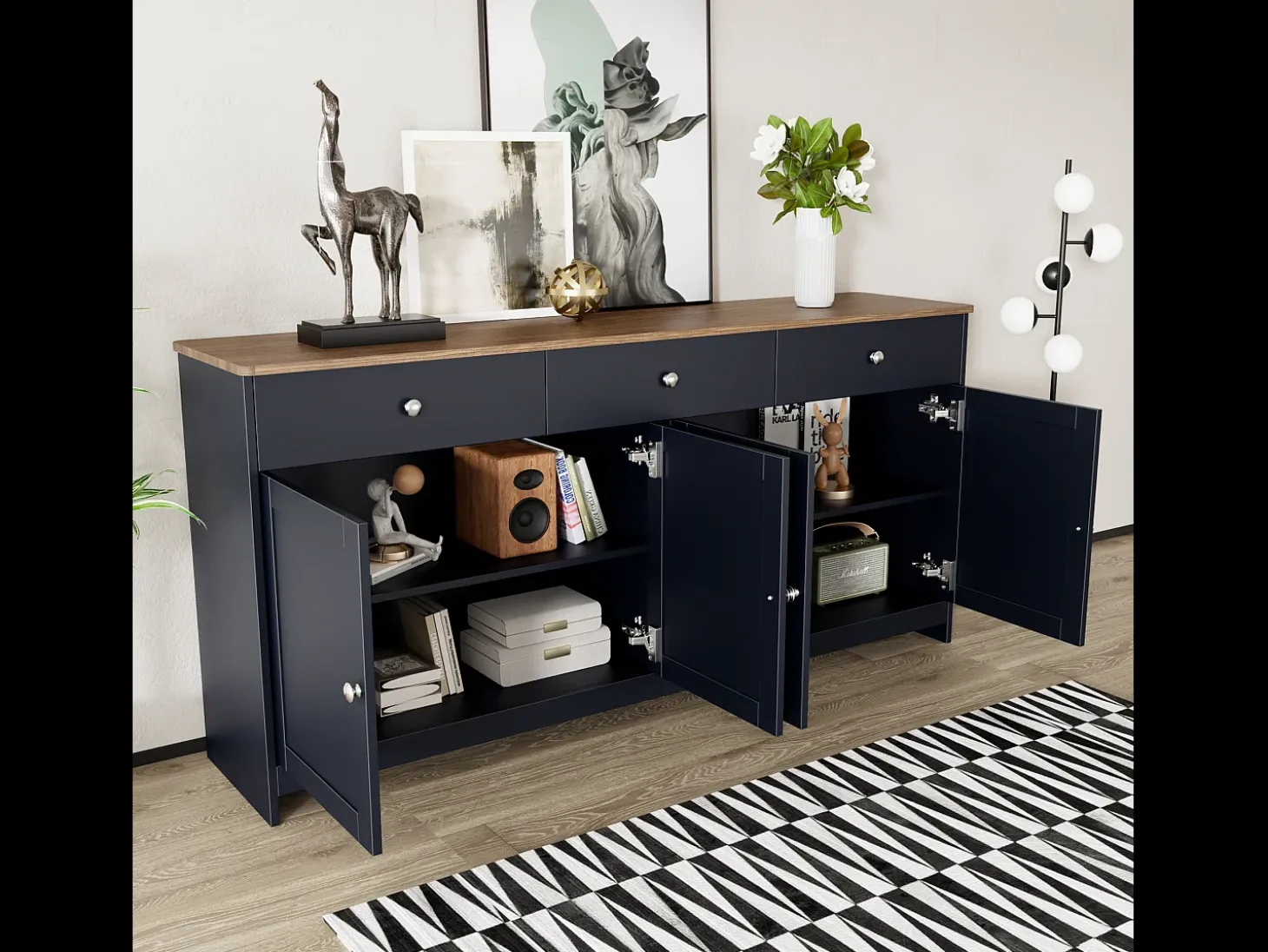 Aparador bajo con 4 puertas y 3 cajones para salón - 160 largo x 37 ancho x 75 alto cm - madera MDF - madera y gris negro