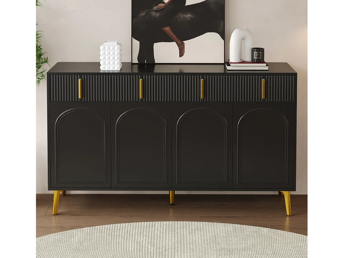 Aparador bajo con 4 puertas y 4 cajones - 140 x 37,8 x 82 cm - Tiradores y pies dorados - MDF - Negro